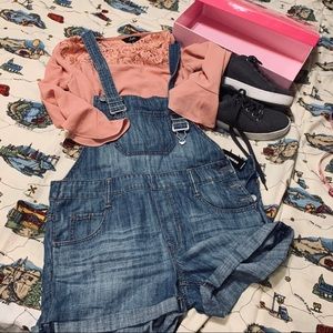 NWT Express blue denim short overalls sz 2